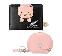 MEMOFYND Monedero de Cuero Plegable Doble para Mujer con PC, Diseño de Dibujos Animados con Cremallera para Mujeres y Niñas (Negro), 12*10*3cm