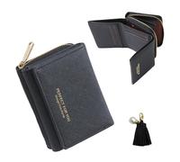 MEMOFYND - Monedero vertical de piel negra con colgante de pompón, mini tamaño para mujer, cremallera con múltiples ranuras