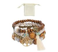 MEMOFYND Pulsera multicapa de cuentas de madera y bolsa de franela, joyería bohemia para mujeres y niñas, pulsera de la amistad extensible, 18 cm