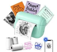 Memoking Mini Impresora térmica portátil con 3 Rollos de Papel Adhesivo, Q02E Bluetooth Impresora de Pegatinas para Estudiantes, para Notas de Estudio, Fotos, creación, anatómicos, Regalo (Verde)