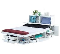 Memomad Conjunto Bali Blanco: Cama Funcional 160x200 + cabecero 170 + somier. Cama y cabecero de Madera de Pino Macizo con Mucho Espacio de Almacenamiento y cajones, Ideal para Habitaciones pequeñas