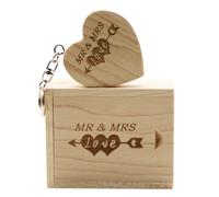 Memoria USB de Madera con diseño Grabado por láser de Mr & Mrs - Memoria USB de 64GB con Forma de corazón y Caja a Juego para Regalo de novedades (Maple)