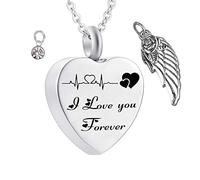 Memorial Ashes Urn,Heart with Angel Wing Birthstone and ECG Engraving I Love You Forever Pet Ashes Necklace Stainless Steel Urn Necklace for Ashes