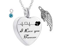 Memorial Ashes Urn,Heart with Angel Wing Birthstone and ECG Engraving I Love You Forever Pet Ashes Necklace Stainless Steel Urn Necklace for Ashes