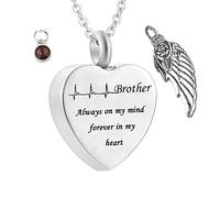 Memorial Box for Human Ashes,Heart with Angel Wing Birthstone and ECG Engraving Brother Always on My Mind Forever in My Heart Stainless Steel Necklaces for Ashes Necklace Urn