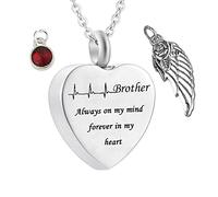 Memorial Box for Human Ashes,Heart with Angel Wing Birthstone and ECG Engraving Brother Always on My Mind Forever in My Heart Stainless Steel Necklaces for Ashes Necklace Urn