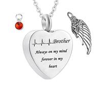 Memorial Box for Human Ashes,Heart with Angel Wing Birthstone and ECG Engraving Brother Always on My Mind Forever in My Heart Stainless Steel Necklaces for Ashes Necklace Urn