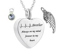 Memorial Box for Human Ashes,Heart with Angel Wing Birthstone and ECG Engraving Brother Always on My Mind Forever in My Heart Stainless Steel Necklaces for Ashes Necklace Urn