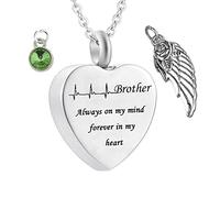 Memorial Box for Human Ashes,Heart with Angel Wing Birthstone and ECG Engraving Brother Always on My Mind Forever in My Heart Stainless Steel Necklaces for Ashes Necklace Urn