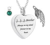 Memorial Box for Human Ashes,Heart with Angel Wing Birthstone and ECG Engraving Brother Always on My Mind Forever in My Heart Stainless Steel Necklaces for Ashes Necklace Urn