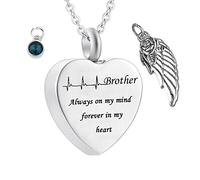 Memorial Box for Human Ashes,Heart with Angel Wing Birthstone and ECG Engraving Brother Always on My Mind Forever in My Heart Stainless Steel Necklaces for Ashes Necklace Urn