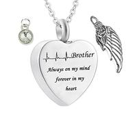 Memorial Box for Human Ashes,Heart with Angel Wing Birthstone and ECG Engraving Brother Always on My Mind Forever in My Heart Stainless Steel Necklaces for Ashes Necklace Urn