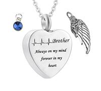 Memorial Box for Human Ashes,Heart with Angel Wing Birthstone and ECG Engraving Brother Always on My Mind Forever in My Heart Stainless Steel Necklaces for Ashes Necklace Urn