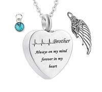 Memorial Box for Human Ashes,Heart with Angel Wing Birthstone and ECG Engraving Brother Always on My Mind Forever in My Heart Stainless Steel Necklaces for Ashes Necklace Urn