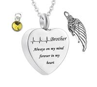 Memorial Box for Human Ashes,Heart with Angel Wing Birthstone and ECG Engraving Brother Always on My Mind Forever in My Heart Stainless Steel Necklaces for Ashes Necklace Urn