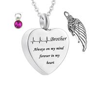 Memorial Box for Human Ashes,Heart with Angel Wing Birthstone and ECG Engraving Brother Always on My Mind Forever in My Heart Stainless Steel Necklaces for Ashes Necklace Urn