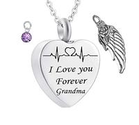 Memorial Box for Human Ashes,Heart with Birthstone Angel Wing and ECG Engraving I Love You Forever Grandma Stainless Steel Pendant Urn Pendant for Ashes
