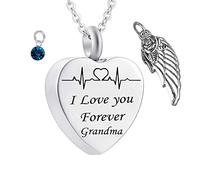 Memorial Box for Human Ashes,Heart with Birthstone Angel Wing and ECG Engraving I Love You Forever Grandma Stainless Steel Pendant Urn Pendant for Ashes