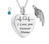 Memorial for Ashes Necklace,Heart with Angel Wing Birthstone and ECG Engraving I Love You Forever Mama Urn Necklaces for Ashes Stainless Steel Necklace Urns