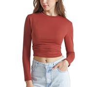 Memoryee Mujer Larga Manga Camiseta Cuello Caja Ajustado Capas Tops Cortos Suave Básico Blusa tee Cloud Pro Colección/Chocolate/S