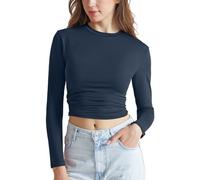Memoryee Mujer Larga Manga Camiseta Cuello Caja Ajustado Capas Tops Cortos Suave Básico Blusa tee Cloud Pro Colección/Navy Blue/L