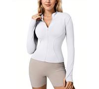 Memoryee Sudadera de Manga Larga y Blusa de Ombligo para Mujeres, Camiseta de Fitness de Yoga Running Sports, con Cremallera Media y Agujero en el Pulgar B-Blanco1 M