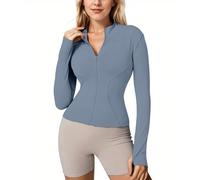 Memoryee Sudadera de Manga Larga y Blusa de Ombligo para Mujeres, Camiseta de Fitness de Yoga Running Sports, con Cremallera Media y Agujero en el Pulgar B-Azul1 L