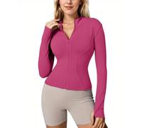 Memoryee Sudadera de Manga Larga y Blusa de Ombligo para Mujeres, Camiseta de Fitness de Yoga Running Sports, con Cremallera Media y Agujero en el Pulgar B-Rosered1 L