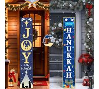 Memorywuu Letrero de madera de doble cara de 47 pulgadas 2 en 1 con texto en inglés "Happy Hanukkah and Joy to the World", letras rústicas, decoración de día festivo, decoración grande de porche de