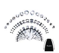 Memsion Kit de estiramiento de orejas, 50 piezas 14G-00G, expansores de oreja, tapones de silicona de doble color, túneles de carne, kits de perforación corporal para mujeres y hombres, mármol blanco,