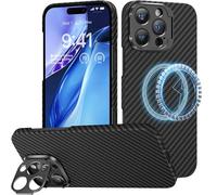 memumi Funda de Teléfono para iPhone 16 Pro 2024, Fibra de Aramida Negro con Soporte Plegable y Protección de Alto Impacto