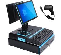 Memykoy Caja registradora con Pantalla táctil de 15,6", TPV para restaurantes y comercios, escáner de código de Barras portátil e Impresora térmica de 58 mm, para cafeterías. Blue-DualScreen