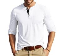 Men Button Decoration Shirt Lightweight Comfortable Casual Fashion T-Shirt Classic Daily Wear and Tear All-Match Long Sleeves Tops N-White L
