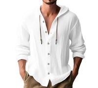 Men Linen Shirt Solid Colour Hooded Button Placket Casual Shirt Spring Summer Men Beach Shirt Lightweight Breathable Men Long Sleeve Shirt A-White M