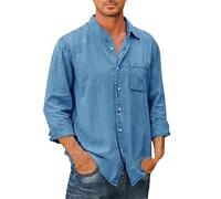 Men Long Sleeve Shirt Classic Lapels Slim Fit with Pockets Men Washed Shirts Simplicity Solid Color Men Casual Shirt Light Comfortable Men Basic Shirt A-Blue 3XL