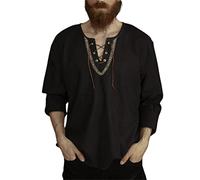 Men Long Sleeve V-Neck Loose Leisure Shirts For Men Drawstring Medieval Shirt Men Comfortable Long Sleeve Pull Shirt A-Black L