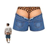 Men Novelty Fake Denim & Leopard Print Swim Trunks,Novelty Illusion Shorts | Swim Shorts with Leopard Print Thong Design,Fake Briefs Illusion Beach Shorts,Novelty Gag Gift for Pool Beach Vacation