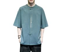 Men Short Sleeve Martial Arts Kung Fu Traditional Chinese Clothing Unique Handmade Tangzhuang Style Jacket Fashion Casual Button Placket Shirt D-Green L