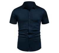 Men Short Sleeve Regular Fit Classic All-Match Tops Business Work Casual Button Placket Shirt Lightweight Fashion Lapels Shirts F-Blue Grey L