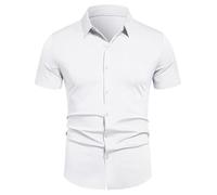 Men Short Sleeve Regular Fit Classic All-Match Tops Business Work Casual Button Placket Shirt Lightweight Fashion Lapels Shirts B-White L