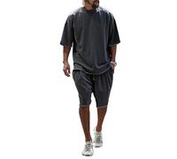 Men Sportshirt Summer 2-Piece Set Regular Fit Short Sleeve Set Solid Color Men Casual Shirt Comfortable Round Neck T-Shirt Outdoor Men Jogging Shorts B-Dark Grey L