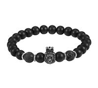 Men Stone Bead Bracelet Joyas con Cuentas Negras con Banda de Encanto de León Coronado Banda Elástica para Regalos y Ropa Diaria