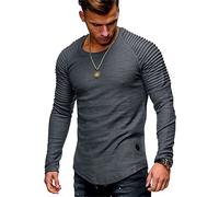 Men T-Shirt Long Sleeve Solid Color Wrinkle Personality Modern Longsleeve Tops Men Slim Fit Crew Neck Running Sports Shirt Men Casual Comfortable Outdoor Sweatshirt Men C-Grey M