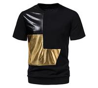 Men T-Shirt Summer Short Sleeve Tops Faux Leather Splicing Men Fashionable T-Shirt Loose Breathable Round Neck T-Shirt Lightweight Comfortable Men Casual T-Shirt A-Black XL