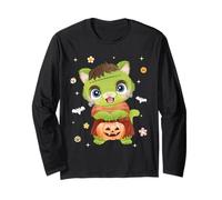 Men Women Kids Groovy Retro Pumpkin Cat Spooky Halloween Manga Larga