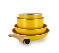 Menastyl - Batería de cocina extraíble apilable - Todas las luces de inducción - Revestimiento cerámico antiadherente sin PFAS - Gama Colorama - Color azafrán - 2 sartenes + 2 sartenes + 1 mango