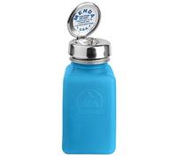 Menda 35285 Bomba dispensadora de líquidos de acero inoxidable puro al tacto, botella cuadrada dura ESD, 6 oz, polietileno de alta densidad/acero inoxidable, color azul
