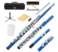 Mendini By Cecilio Flautas - Flauta C con agujero cerrado para principiantes, flauta de 16 teclas con funda, soporte, libro de lecciones y kit de limpieza, instrumento musical para niños, flauta azul