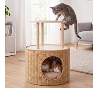 Mendler Cama para gatos HWC-Q59, cueva para gatos con zona de escalada con plataforma, cesta de madera FSC® 50 x 39 x 39 cm - Natural, cojín beige