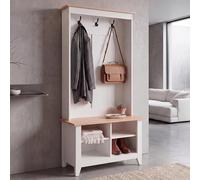 Mendler HWC-P28 - Perchero de pie (3 ganchos, 4 compartimentos, melamina, 170 x 76 x 39 cm), color blanco